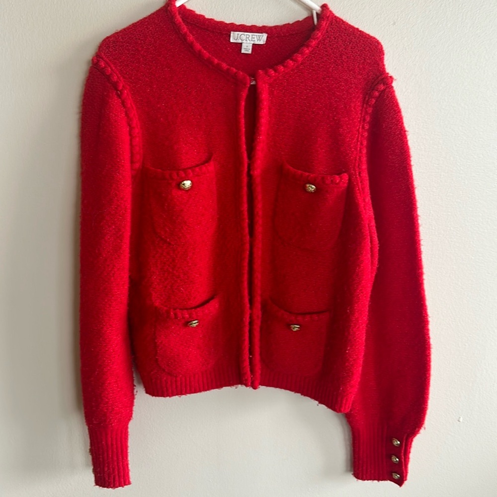 J Crew Odette sweater lady jacket in red with gold buttons. Size S